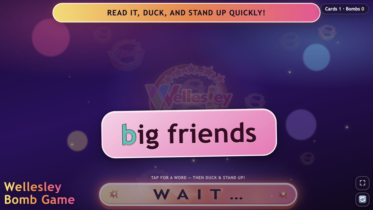 The current Wellesley Bomb Game with layered branding and a large vocabulary card
