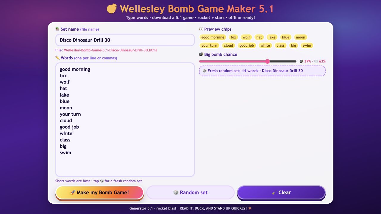 Wellesley Bomb Game Generator preview